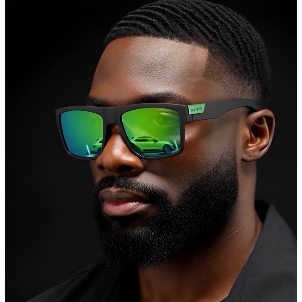 Sunglasses Green Mirror Lens UV400 Black Frame Hip Hop Outdoor Safety Style 2026